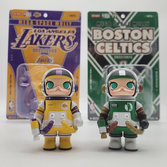 POPMART NBA Mega Space Molly 100% Hang Tag Figures (LA Lakers, Boston Celtics) 2pc Set, NEW