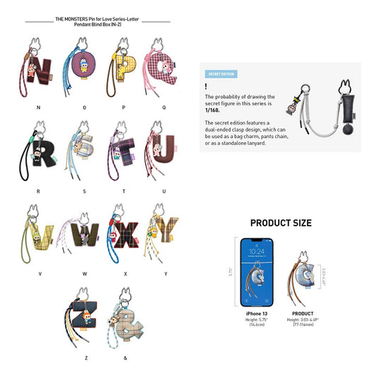 POP MART Labubu THE MONSTERS Pin for Love Letter Pendant (N-Z), NEW